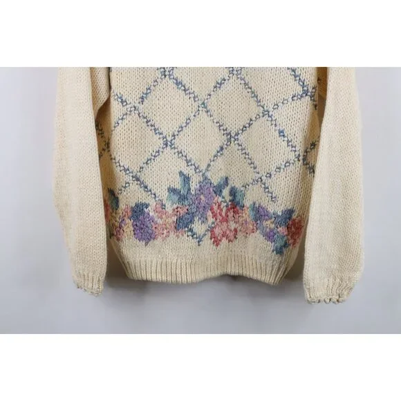 Deadstock Vintage 90s Streetwear Womens Medium Hand Knit Flower Floral Sweater - Picture 3 of 15